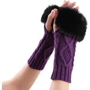 Women's Purple Winter Arm Warmers Wrist Thumb Hole Faux Fur Fingerless Gloves